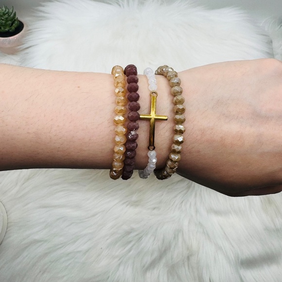 Stainless Steel Cross beaded Arm Candy Bracelet - Brown theme - Picture 4 of 6